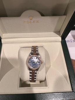 Custom 26mm Blue Mother of Pearl Dial Two-Tone Rolex w/Diamond Bezel (G-H, SI1-SI2) comes with Box &