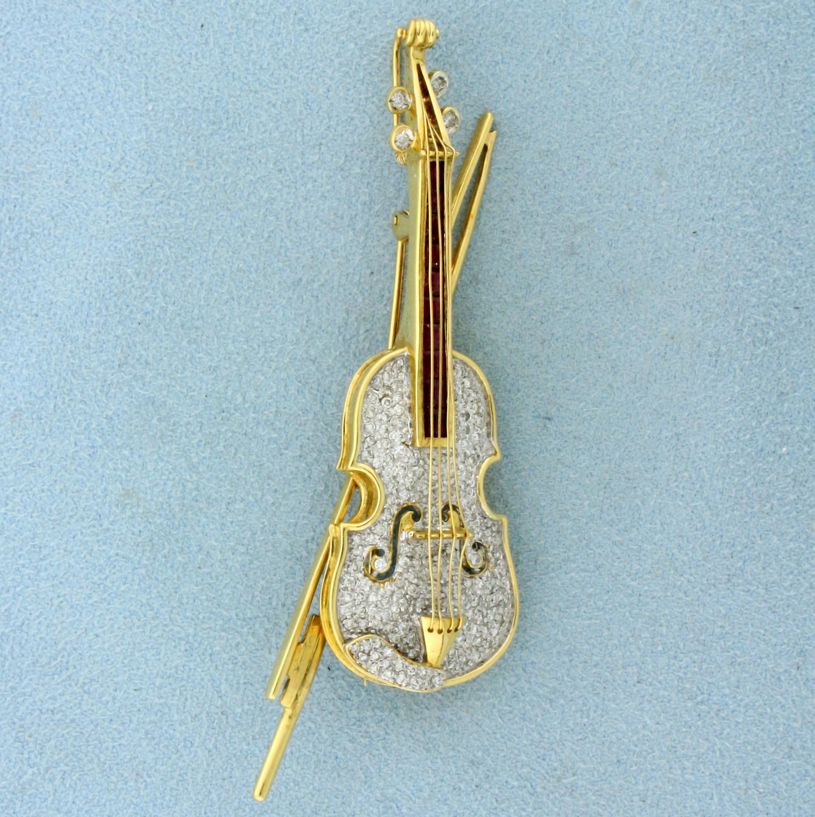 Diamond And Ruby Violin Pin In 18k Yellow Gold