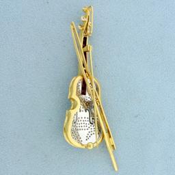 Diamond And Ruby Violin Pin In 18k Yellow Gold