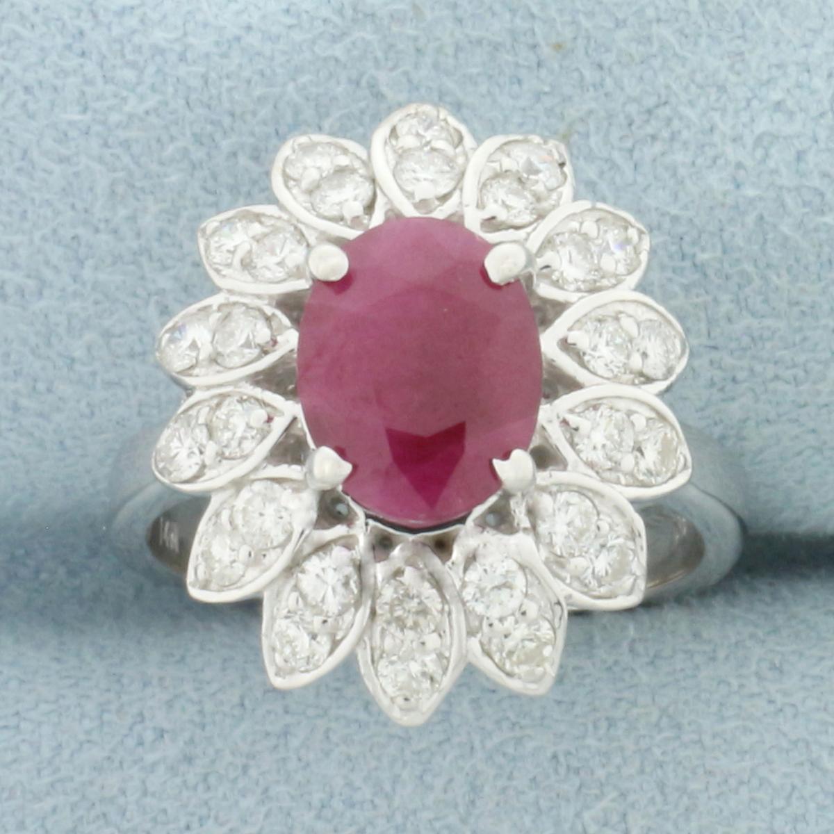 Ruby And Diamond Flower Ring In 14k White Gold