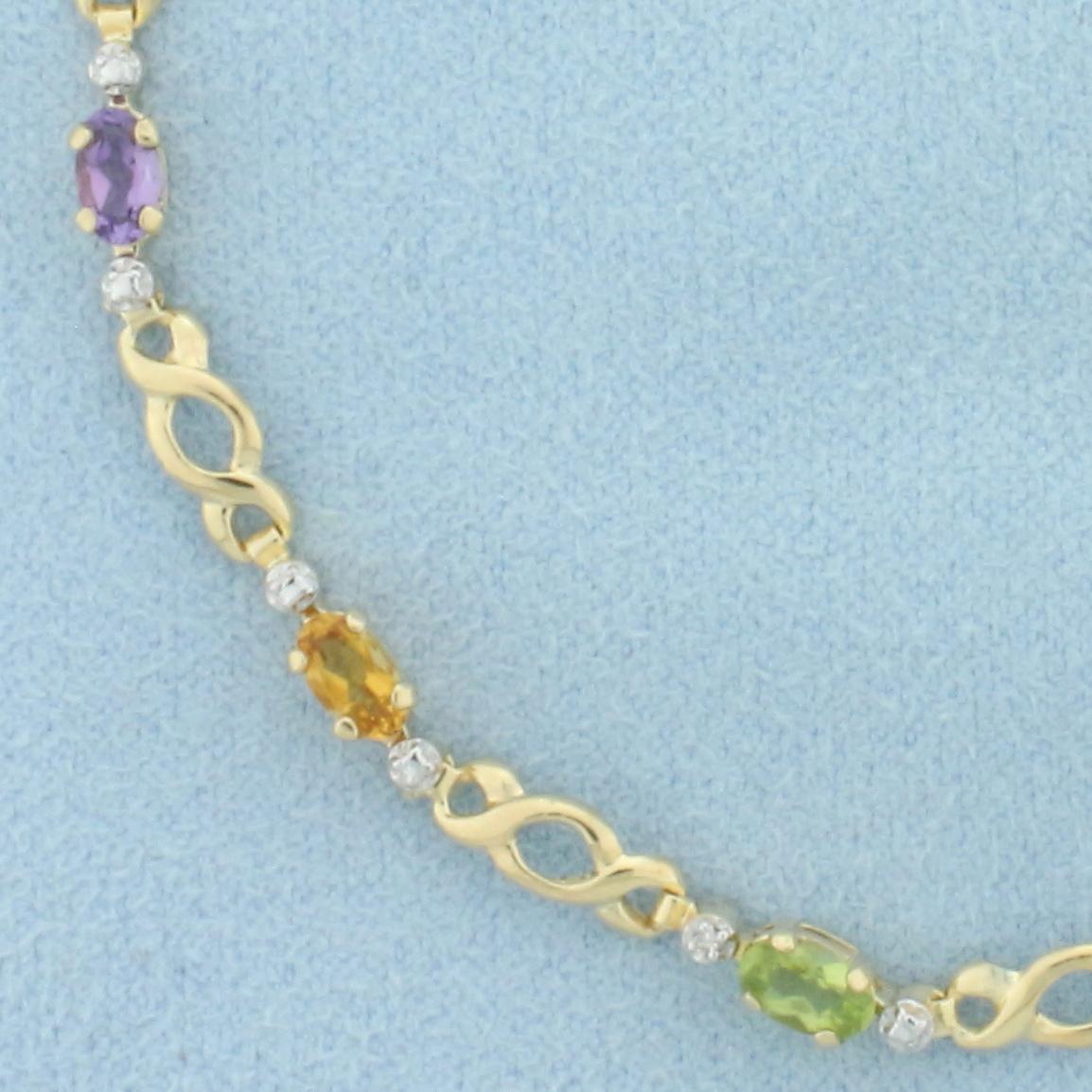 Rainbow Gemstone And Diamond Infinity Design Bracelet In 14k Yellow Gold