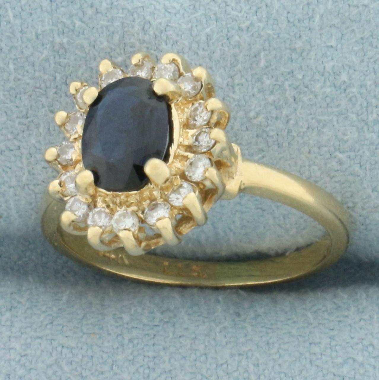 Sapphire And Diamond Halo Princess Diana Ring In 14k Yellow Gold