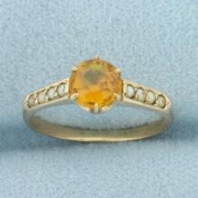 Antique Citrine And Seed Pearl Ring In 14k Yellow Gold