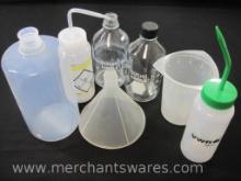 Two Kimble 5oo mL Glass Bottles, Plastic Funnel, Plastic Squeeze Wash Bottles and more