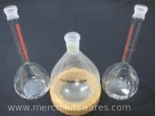 Two Hirschmann Techcolor 500 mL No. 289 Measuring Flasks with Buchi Plastic+Glass Round Receiving