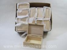 Eleven Oojami Unfinished Wood Trinket Boxes, approx 4 x 5 x 2 inches