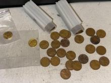 100 Wheat Pennies and 2 Gold Tone Dimes