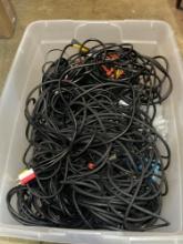Bin of Microphone and Guitar Cables, Headphones and more