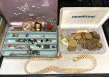 2 Vintage Jewelry Boxes with Vintage Estate Jewelry and Coins