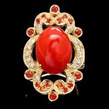 14k Yellow Gold 8.00ct Coral 0.70ct Diamond Ring