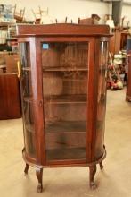 Antique Tiger Oak Curved Glass China Cabinet