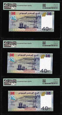 (3) Consecutive 2017 Djibouti 40 Francs Bank Notes PMG Superb Gem Uncirculated 67EPQ