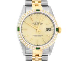 Rolex Men's Two Tone Champagne Index Emerald and Diamond Datejust Wristwatch