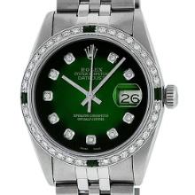 Rolex Mens Stainless Steel Green Vignette Emerald and Diamond Datejust Wristwatch