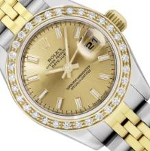 Rolex Ladies Two Tone Champagne Index Diamond Datejust Wristwatch With Rolex Box