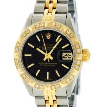 Rolex Ladies Two Tone Black Index Diamond Datejust Wristwatch