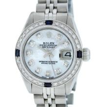 Rolex Ladies Stainless Steel Sapphire and Diamond Datejust Wristwatch