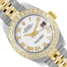 Rolex Ladies Two tone White Roman Diamond Datejust Wristwatch With Rolex Box