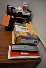 OFFICE SUPPLIES ON THIS DESK, INCLUDES; BANK BAGS,