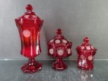 Lot of (3) Red Coin Glass Compotes