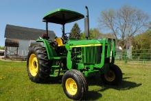John Deere 6403 Diesel Tractor with Canopy and ROPS, front brush guard, loader - mount only, side hy