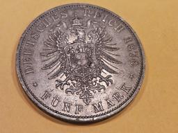 Nice 1876-J German States Hamburg silver 5 marks in Extra Fine