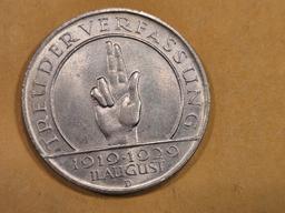 * 1929-D Weimar Germany silver 3 marks in Choice Brilliant Uncirculated