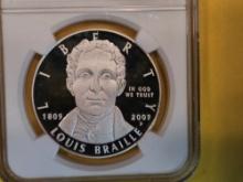 NGC 2009-P Louis Braille Commemorative Silver Dollar