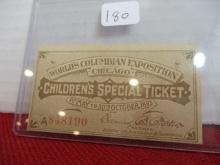 1893 World's Fair Chicago Expedition Special Children's Ticket