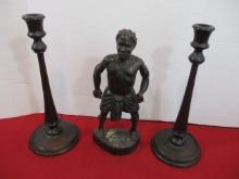 Wooden Candlesticks w/ Carved Wooden Figure