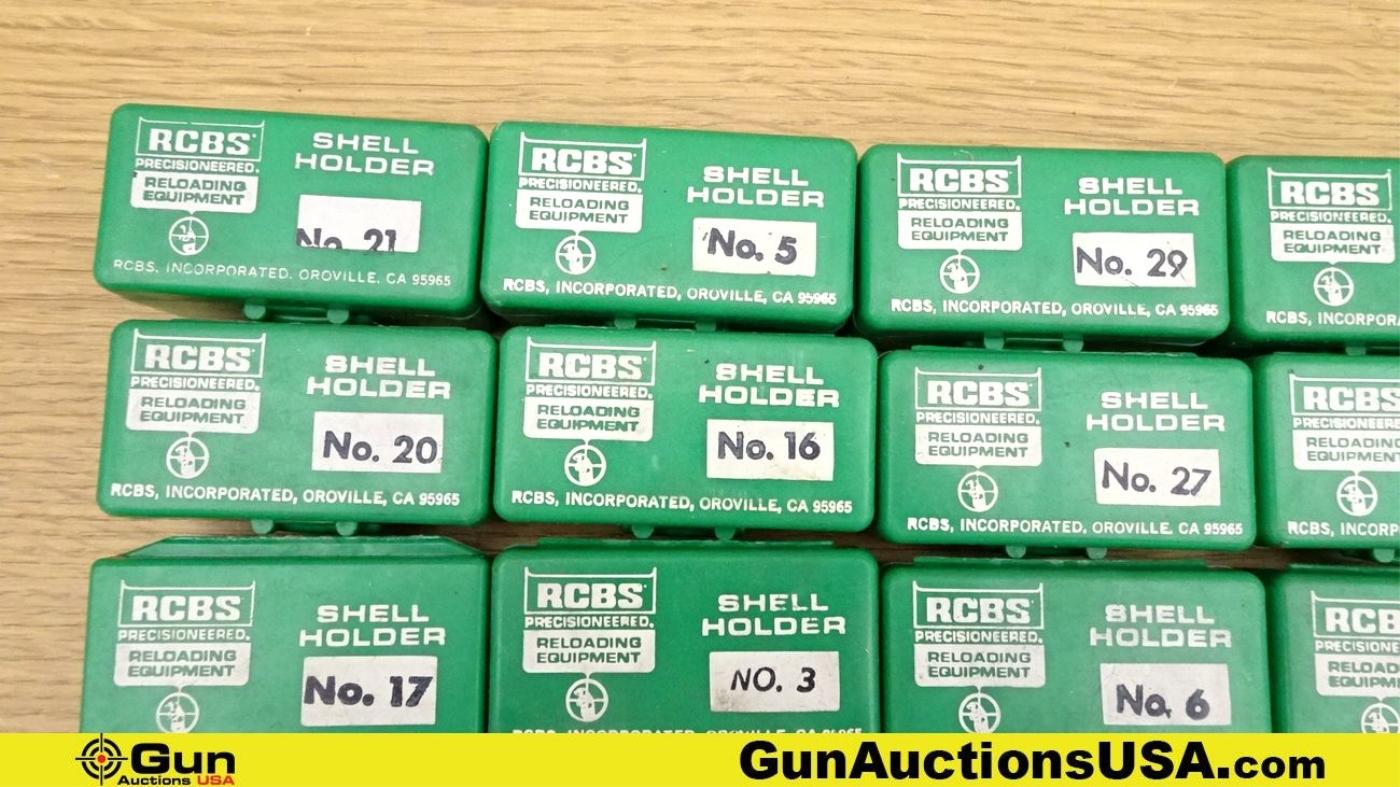 RCBS RELOADING. Very Good. Lot of 13; 1- Bullet Mold Handles, 12- Assorted Caliber Shell Holder Sets