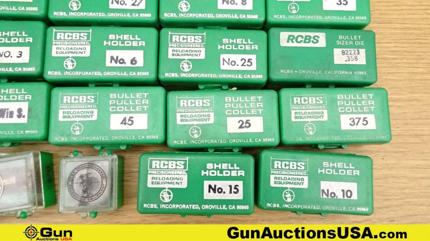 RCBS RELOADING. Very Good. Lot of 13; 1- Bullet Mold Handles, 12- Assorted Caliber Shell Holder Sets