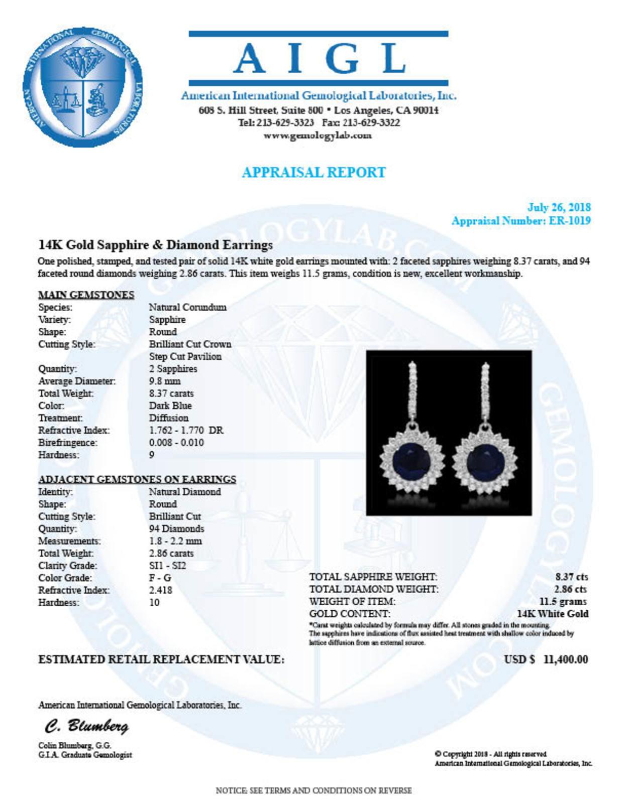14K Gold 8.37ct Sapphire 2.86ct Diamond Earrings