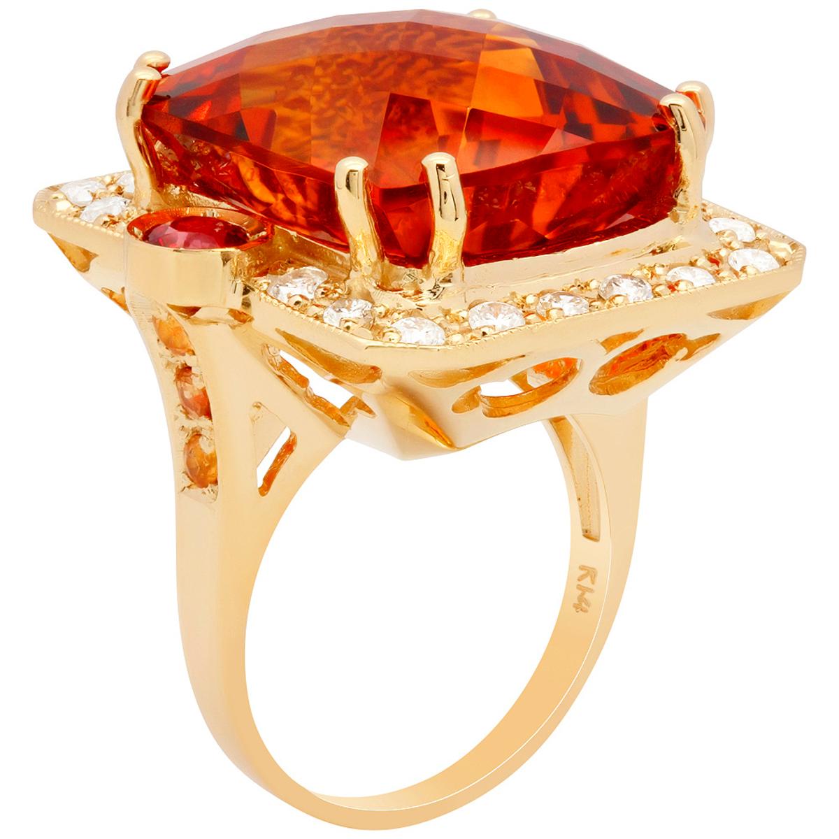 14k Yellow Gold 26.11ct Citrine 1.15ct Orange Sapphire 0.96ct Diamond Ring