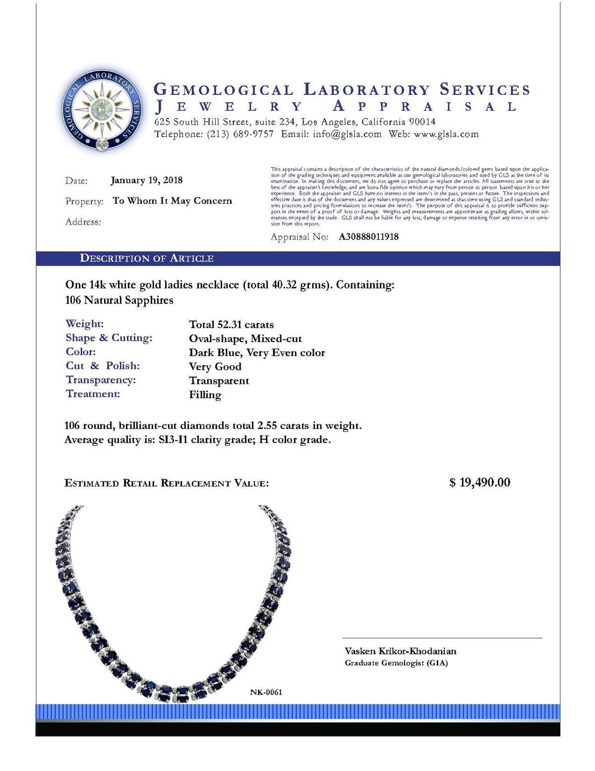 14k White Gold 52.31ct Sapphire 2.55ct Diamond Necklace
