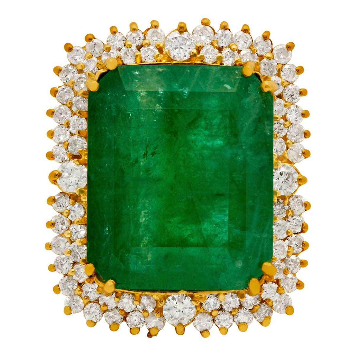 14k Yellow Gold 28.96ct Emerald 2.55ct Diamond Ring