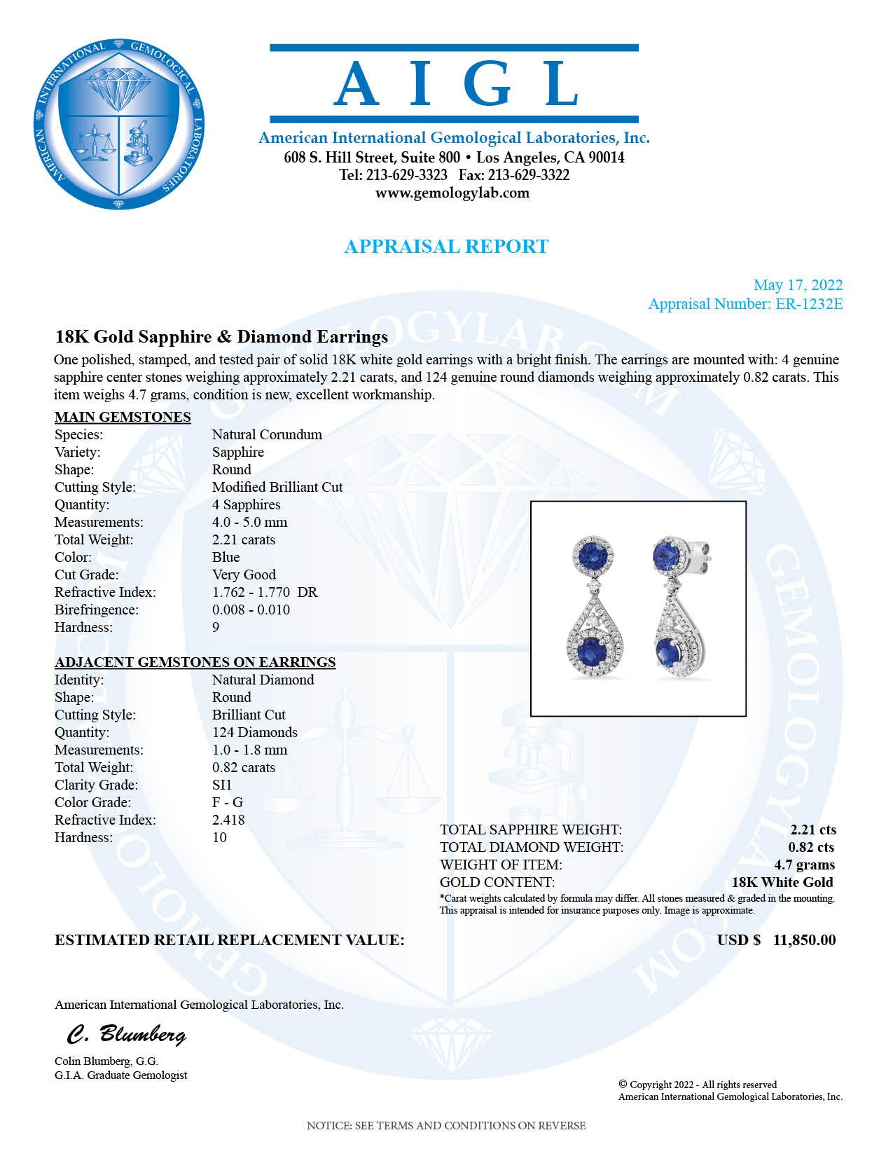 18K White Gold Setting with 2.21ct Sapphire and 0.82ct Diamond Earrings