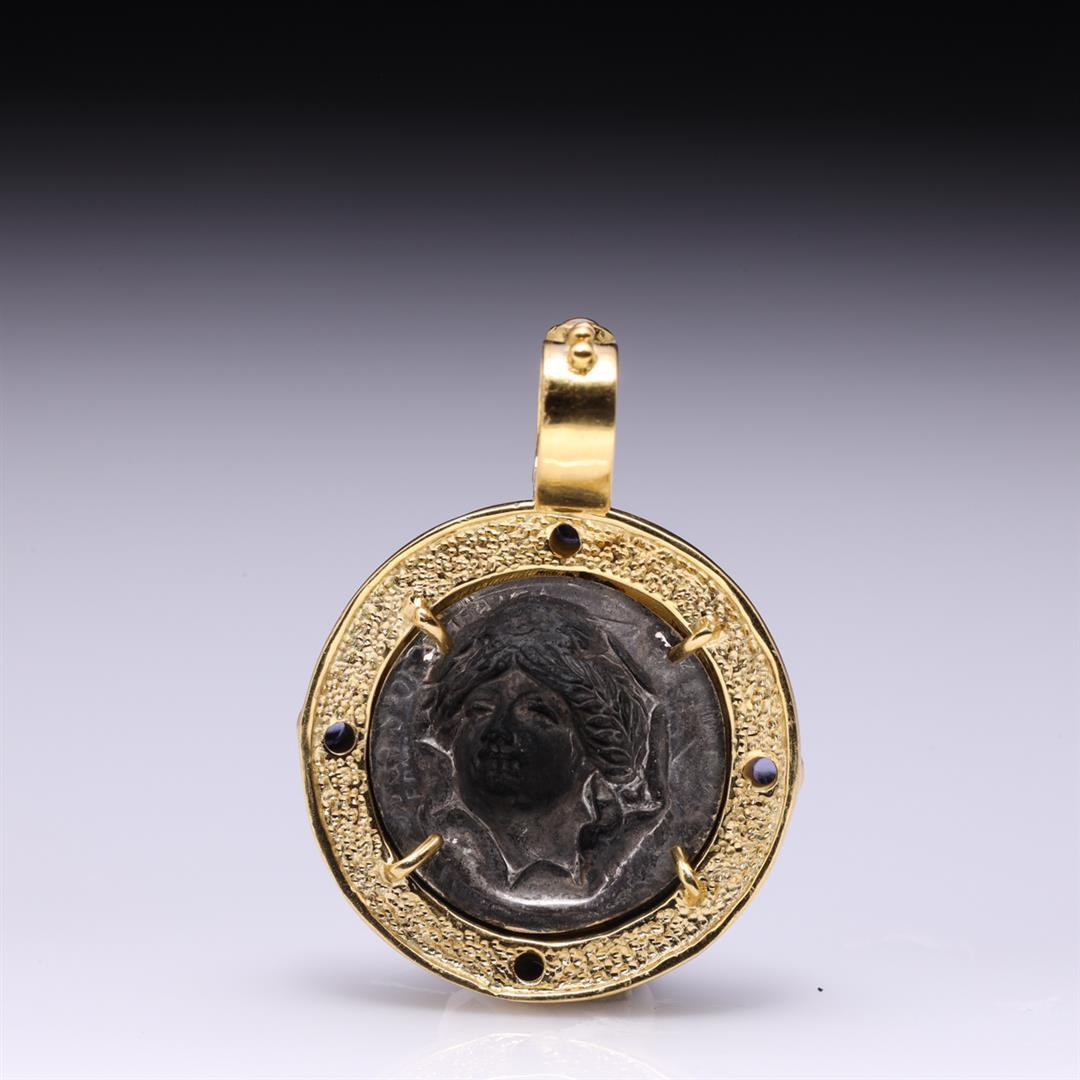18K Yellow Gold Pendant with Iolite Cabochons & Sterling Silver Insert