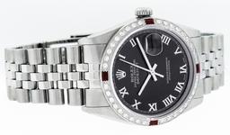 Rolex Mens Stainless Steel Black Roman Diamond & Ruby Datejust Wristwatch 36MM