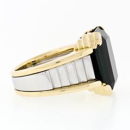 Vintage Unisex 18k Gold & Platinum Large Rectangular Black Onyx Step Design Ring