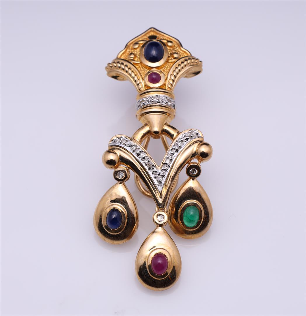Pair of Italian 14k Gold Ruby, Emerald, Sapphire & Diamond Earrings