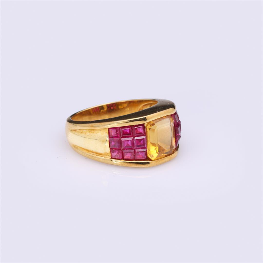 18K Yellow Gold Golden Topaz & Invisible Set Ruby Ring
