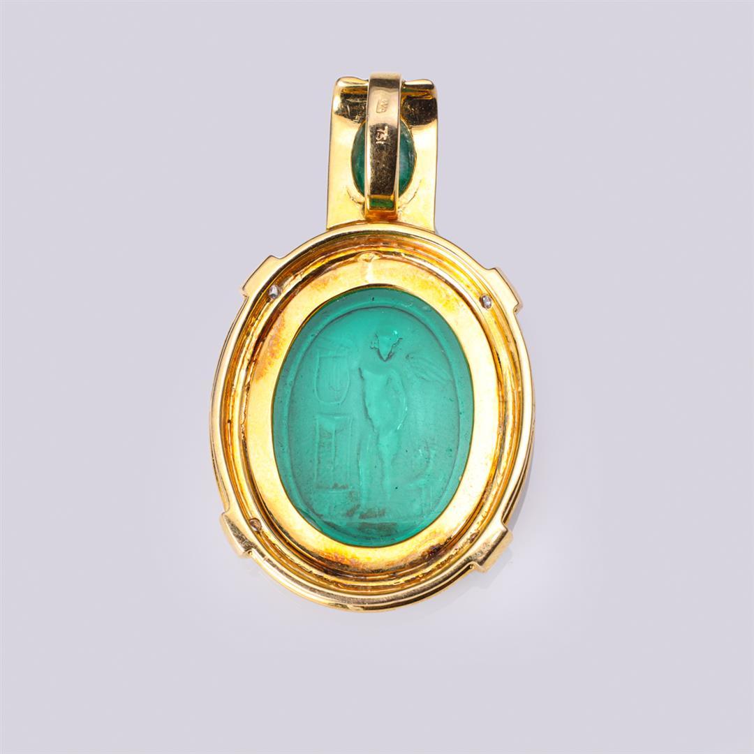 18K Gold, Emerald & Diamond Pendant with Antique Venetian Glass Cameo Medallion