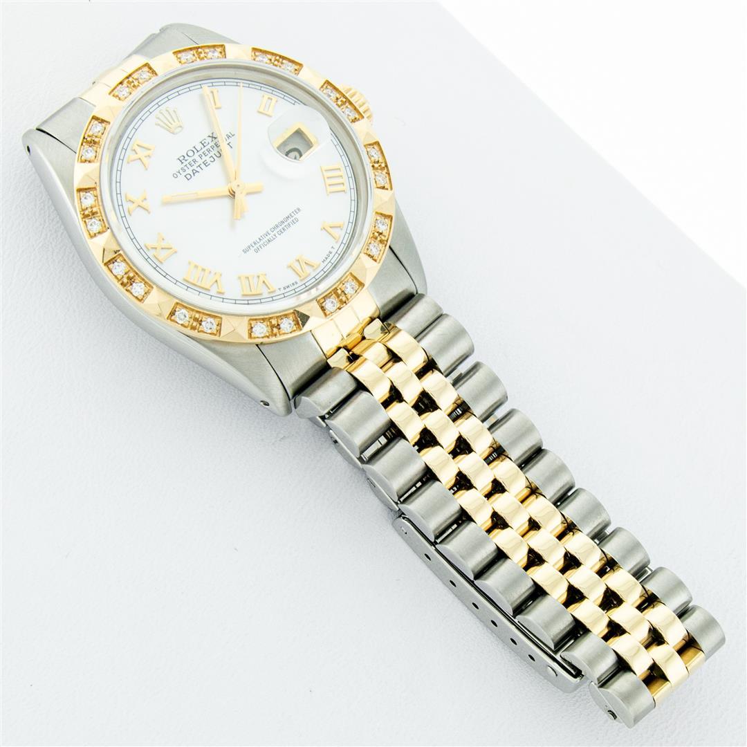 Rolex Mens 2 Tone Yellow Gold And Stainless Steel White Roman Datejust Wristwatc