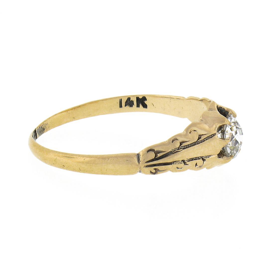 Antique 14k Gold 0.30 ctw Old European Diamond Engagement Ring w/ Repousse Sides