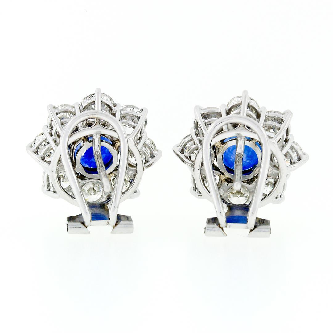 18k White Gold 8.50 ctw GIA Ceylon Sapphire Diamond Halo Flower Cluster Earrings