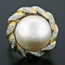 Vintage Handmade 18k Two Tone Gold Mabe Pearl & 0.25 ctw Diamond Ring