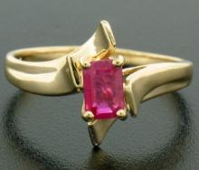 14K Solid Yellow Gold.83 ctw Prong Set Emerald Cut Red Ruby Solitaire Bypass Rin