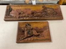 2 - wood carved western motif wall plaques