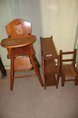 Wooden Child's Highchair, Shelf, Etc.